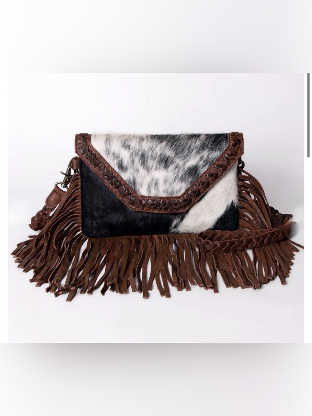 Western Bag Brown Fringe Cowhide Crossbody Bag with Braided Trim